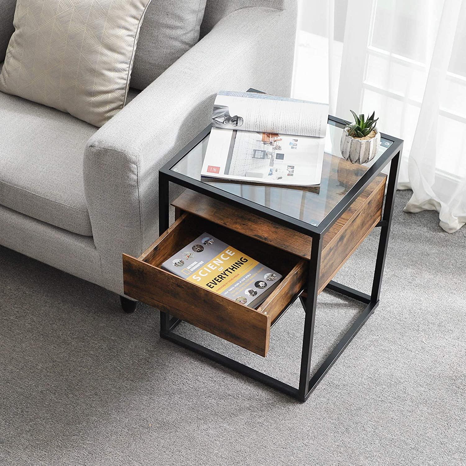 Tempered Glass End Table with Drawer and Rustic Shelf Stable Iron Frame - John Cootes