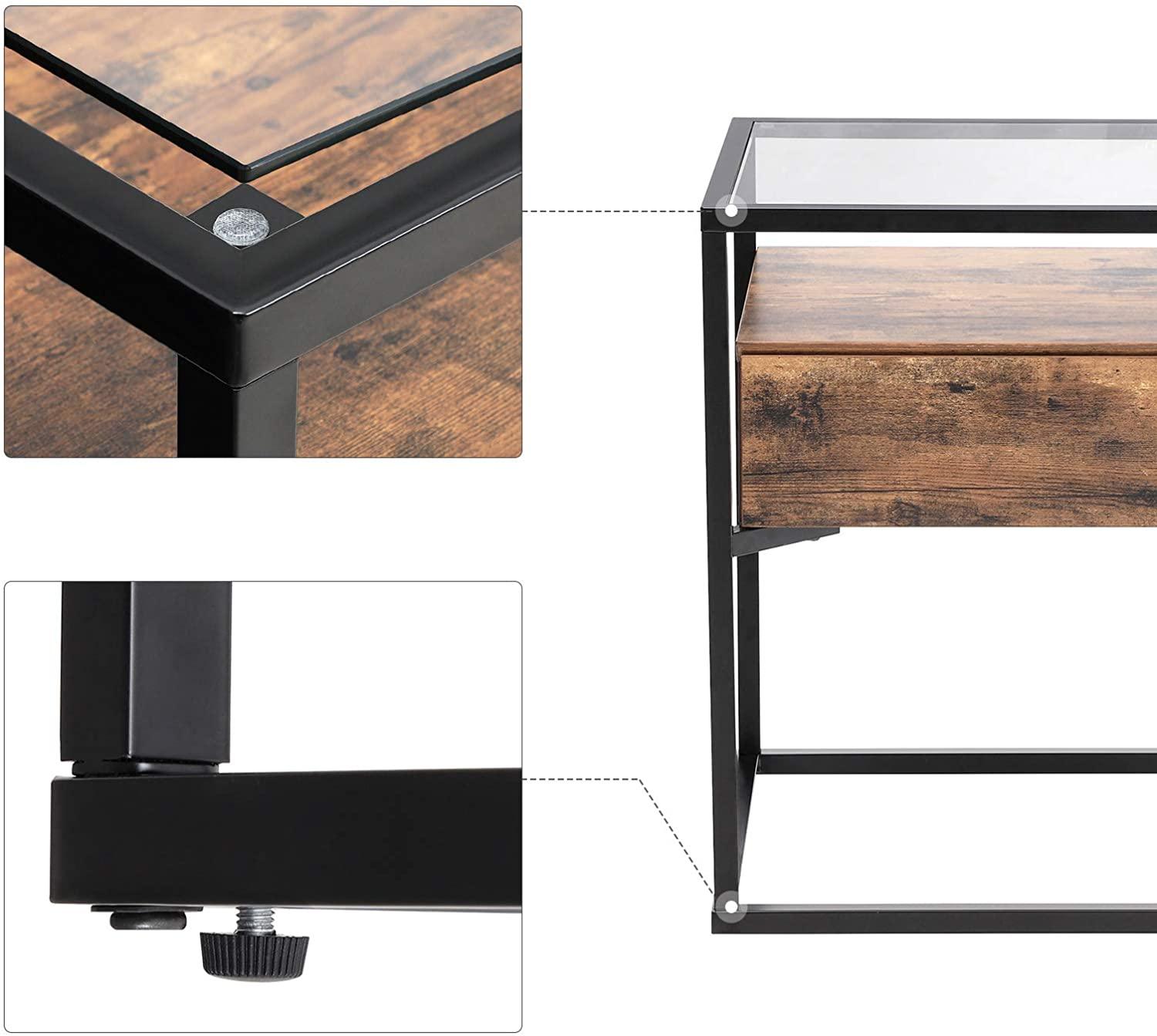 Tempered Glass End Table with Drawer and Rustic Shelf Stable Iron Frame - John Cootes