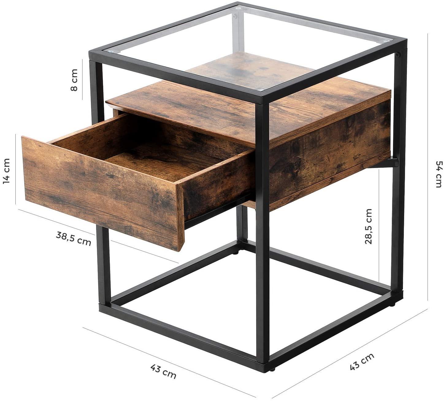 Tempered Glass End Table with Drawer and Rustic Shelf Stable Iron Frame - John Cootes