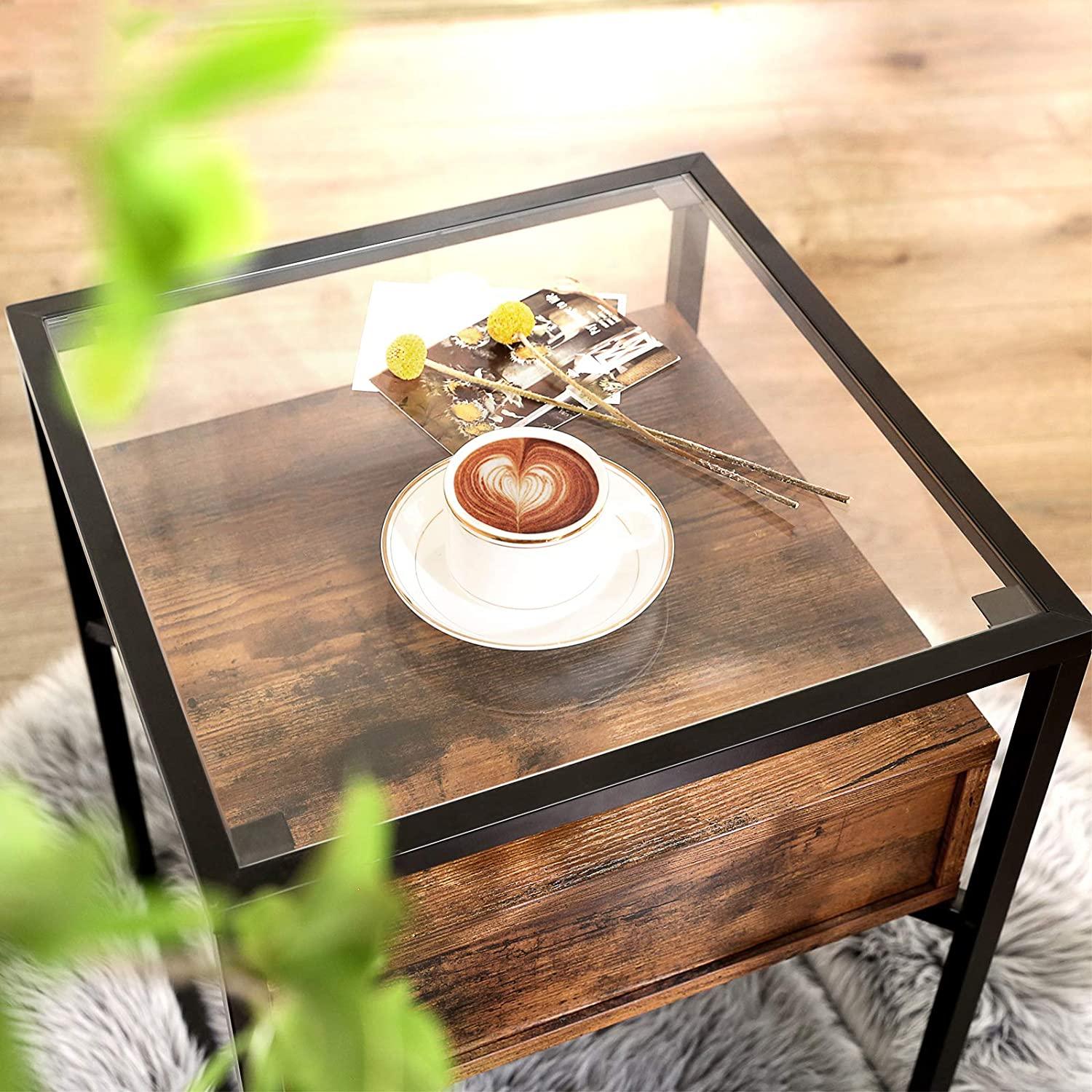 Tempered Glass End Table with Drawer and Rustic Shelf Stable Iron Frame - John Cootes