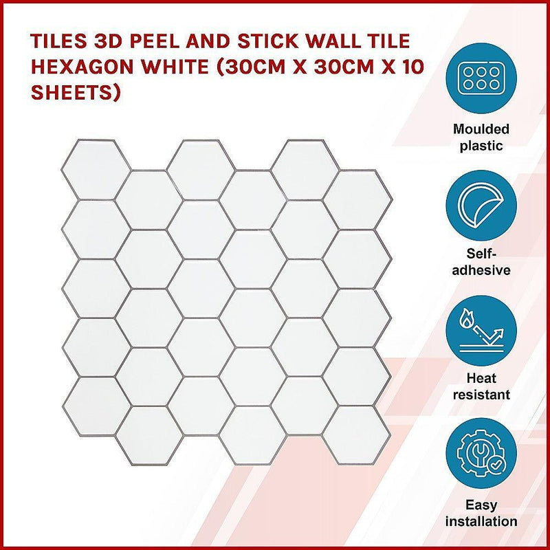 Tiles 3D Peel and Stick Wall Tile Hexagon White (30cm x 30cm x 10 sheets) - John Cootes