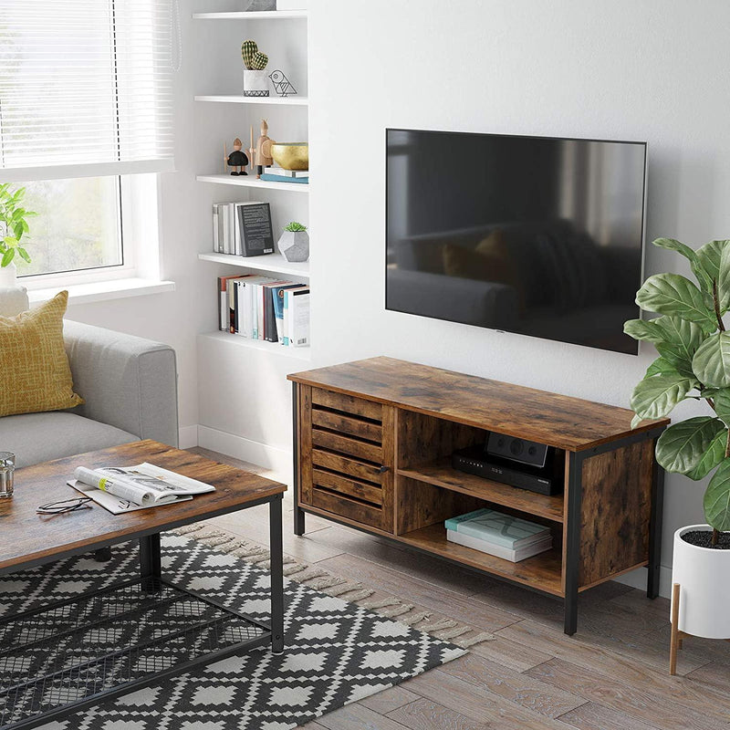 TV Cabinet for up to 127cm TVs with Louvred Door 2 Shelves for Living Room and Bedroom Rustic Brown and Black - John Cootes