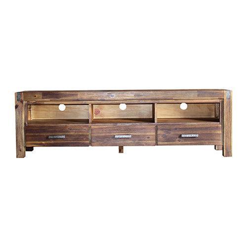 TV Cabinet with 3 Storage Drawers with Shelf Solid Acacia Wooden Frame Entertainment Unit in Chocolate Colour - John Cootes