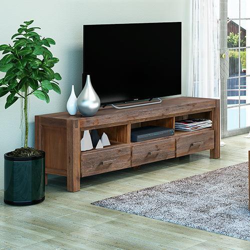 TV Cabinet with 3 Storage Drawers with Shelf Solid Acacia Wooden Frame Entertainment Unit in Chocolate Colour - John Cootes