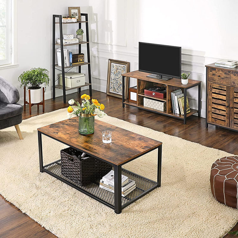TV Console Unit with Open Storage Rustic Brown and Black Industrial - John Cootes