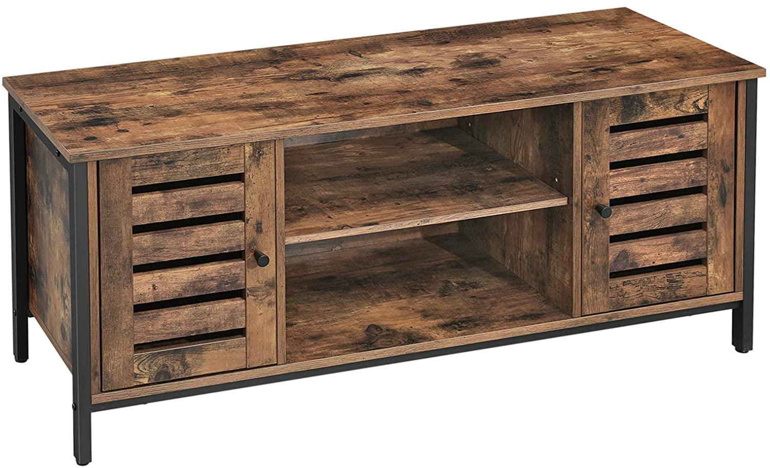 TV Stand Entertainment Unit with Open Shelves and Louvred Doors Storage, Rustic Brown and Black Industrial - John Cootes