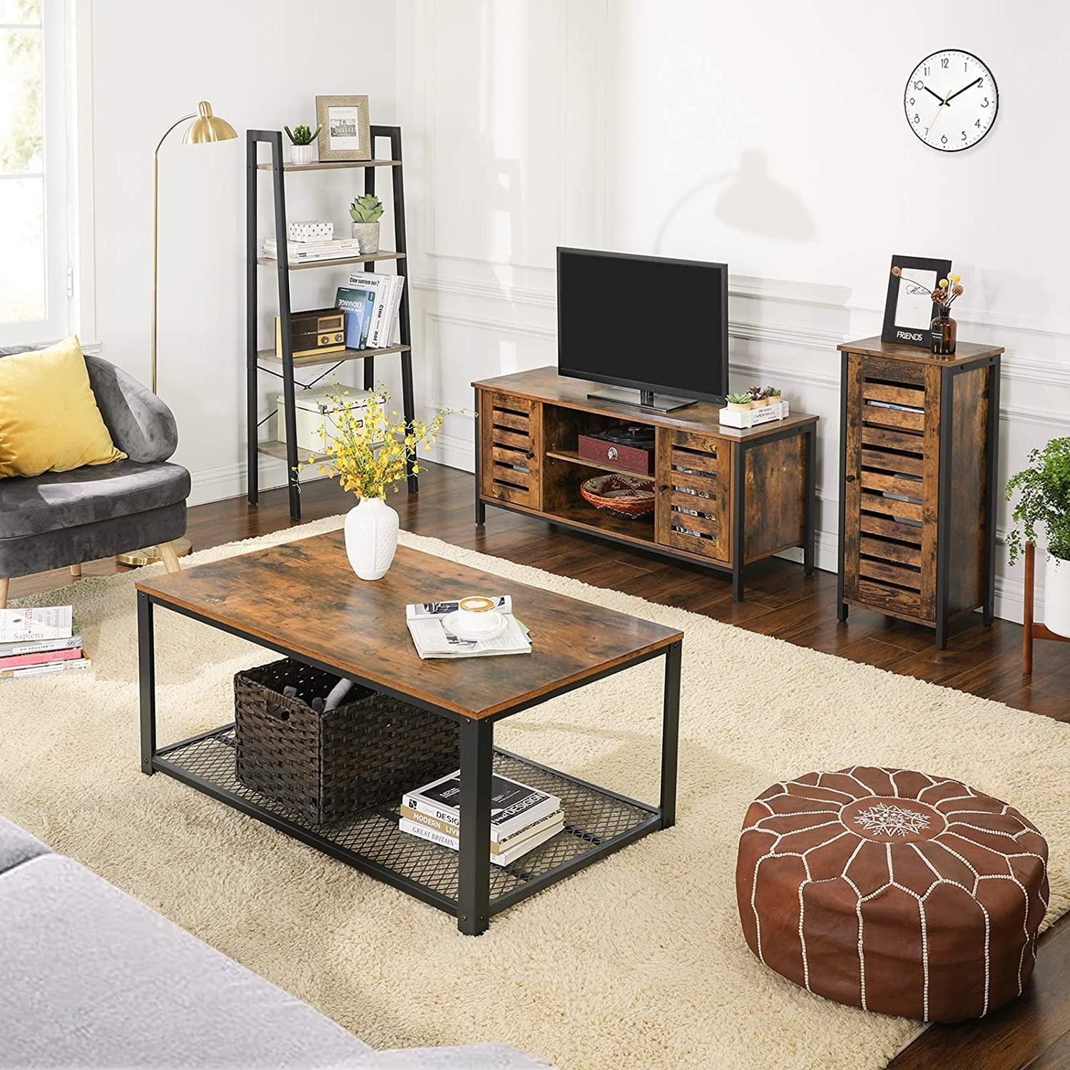 TV Stand Entertainment Unit with Open Shelves and Louvred Doors Storage, Rustic Brown and Black Industrial - John Cootes