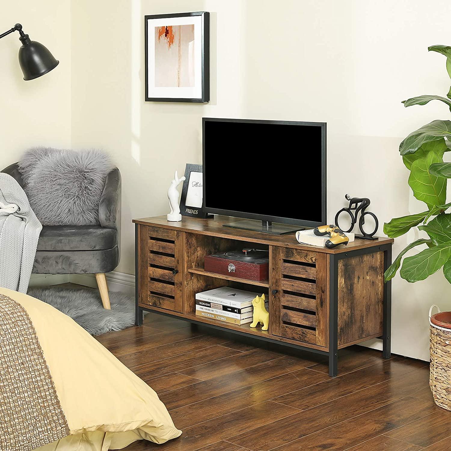 TV Stand Entertainment Unit with Open Shelves and Louvred Doors Storage, Rustic Brown and Black Industrial - John Cootes