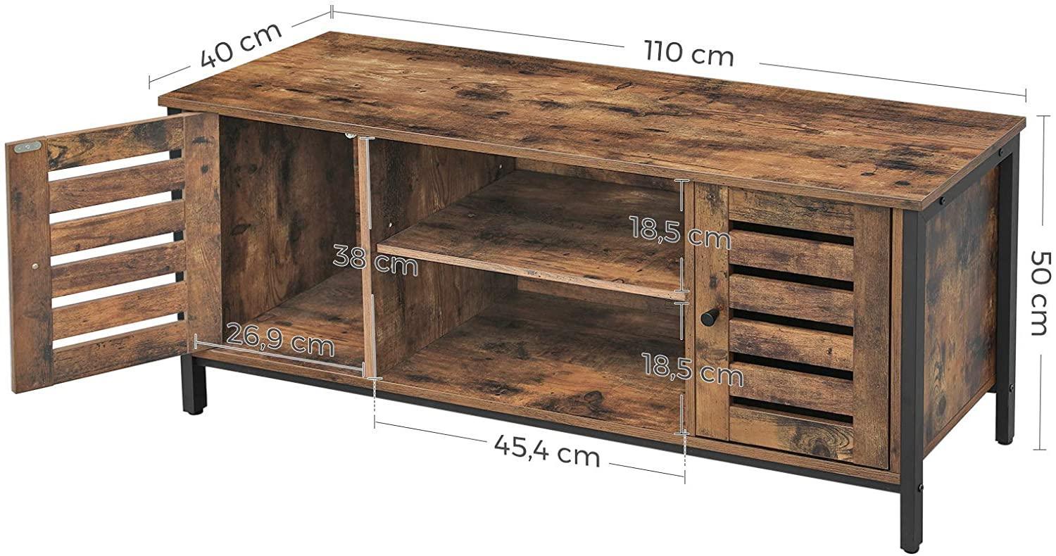 TV Stand Entertainment Unit with Open Shelves and Louvred Doors Storage, Rustic Brown and Black Industrial - John Cootes