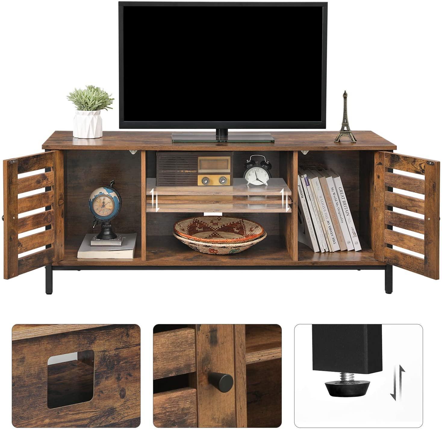 TV Stand Entertainment Unit with Open Shelves and Louvred Doors Storage, Rustic Brown and Black Industrial - John Cootes