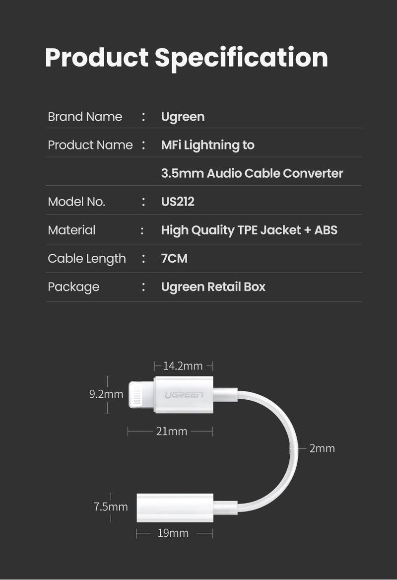 UGREEN 30759 iPhone 8-pin to 3.5mm Headphone Adapter - John Cootes
