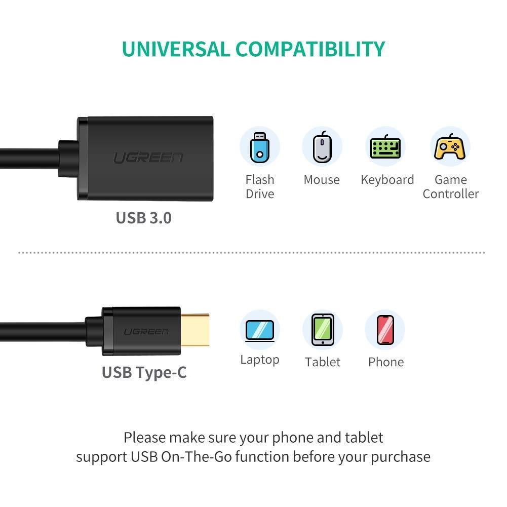 UGreen USB Type-C Male to USB 3.0 Type A Female OTG Cable 15cm - Black 30701 - John Cootes