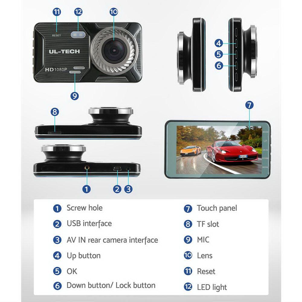 UL-tech 1080P 4" Dash Camera Dual Lens Car DVR Recorder Front Rear Night Vision - John Cootes