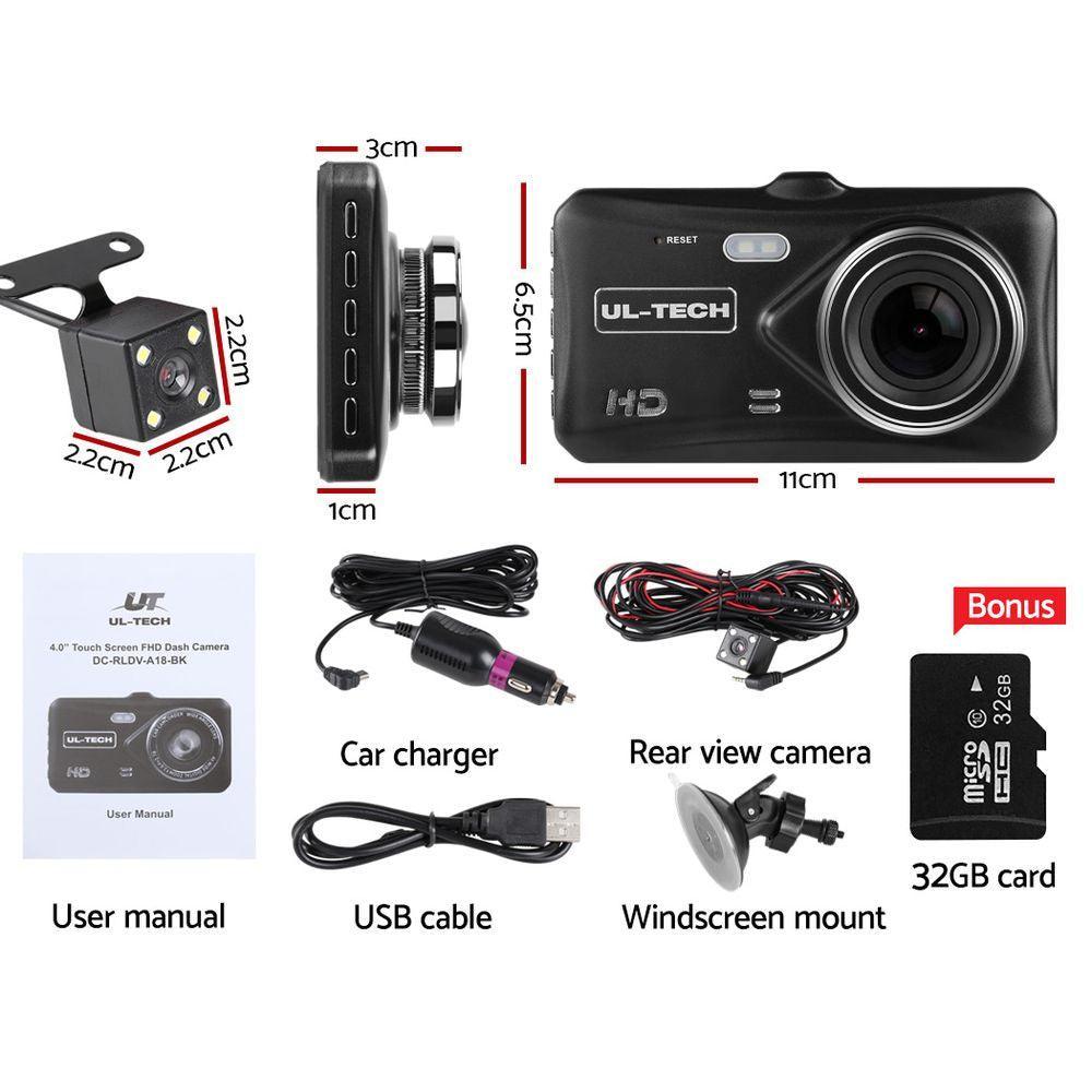 UL Tech 4 Inch Dual Camera Dash Camera - Black - John Cootes