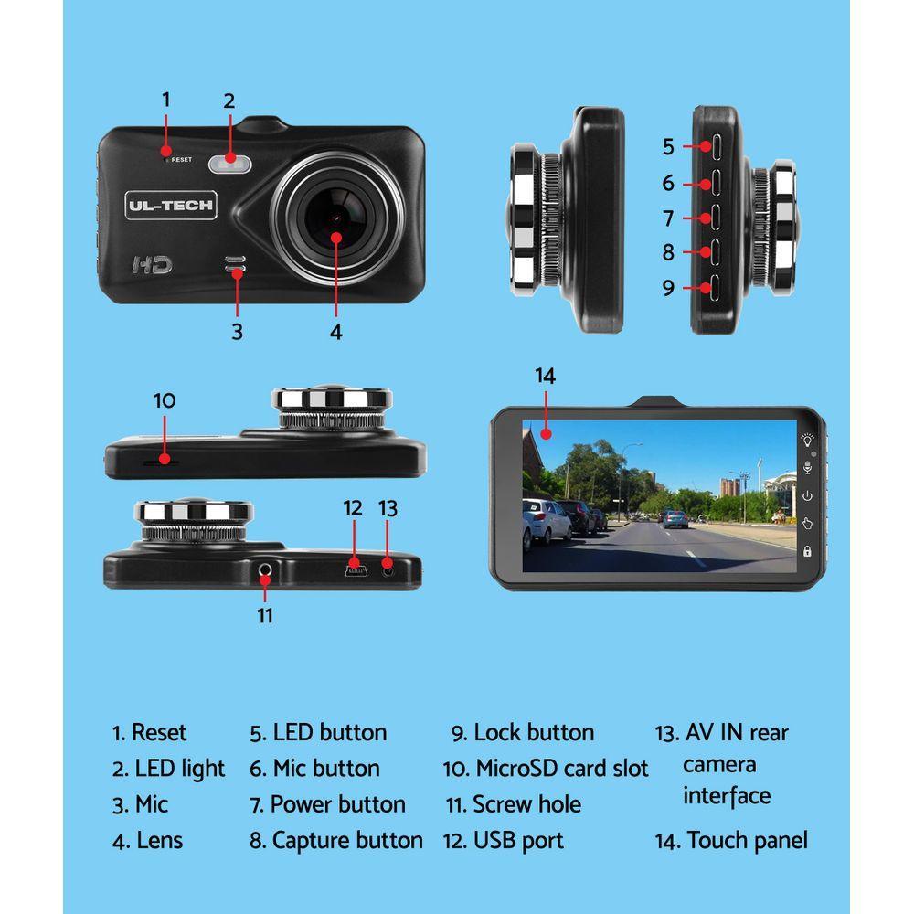 UL Tech 4 Inch Dual Camera Dash Camera - Black - John Cootes