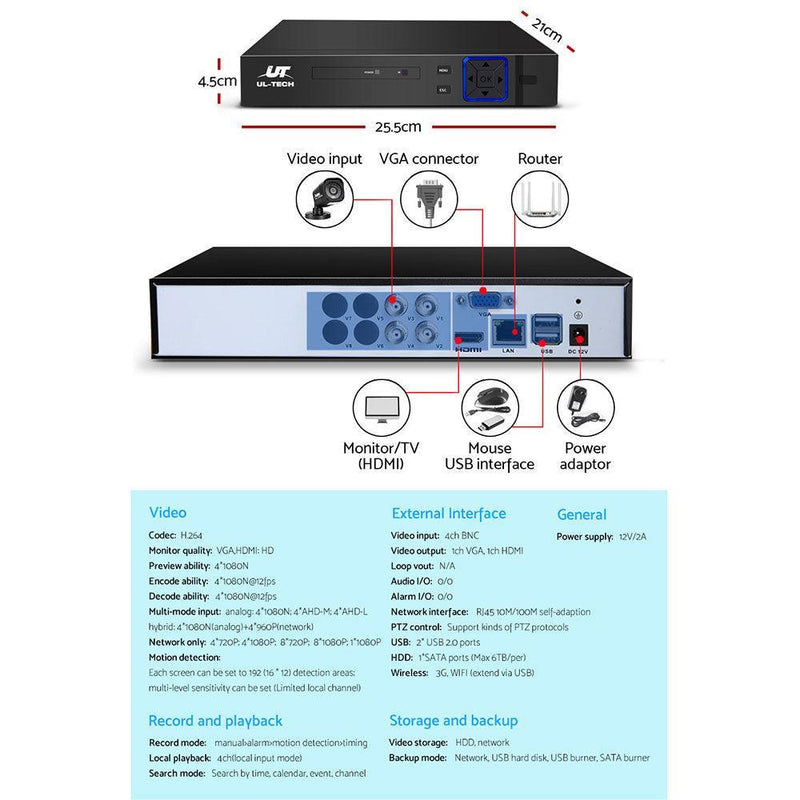 UL-TECH 4CH 5 IN 1 DVR CCTV Security System Video Recorder 4 Cameras 1080P HDMI Black - John Cootes