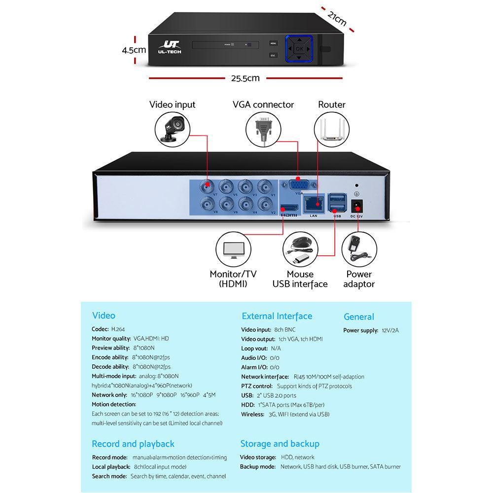 UL-TECH 8CH 5 IN 1 DVR CCTV Security System Video Recorder /w 8 Cameras 1080P HDMI Black - John Cootes