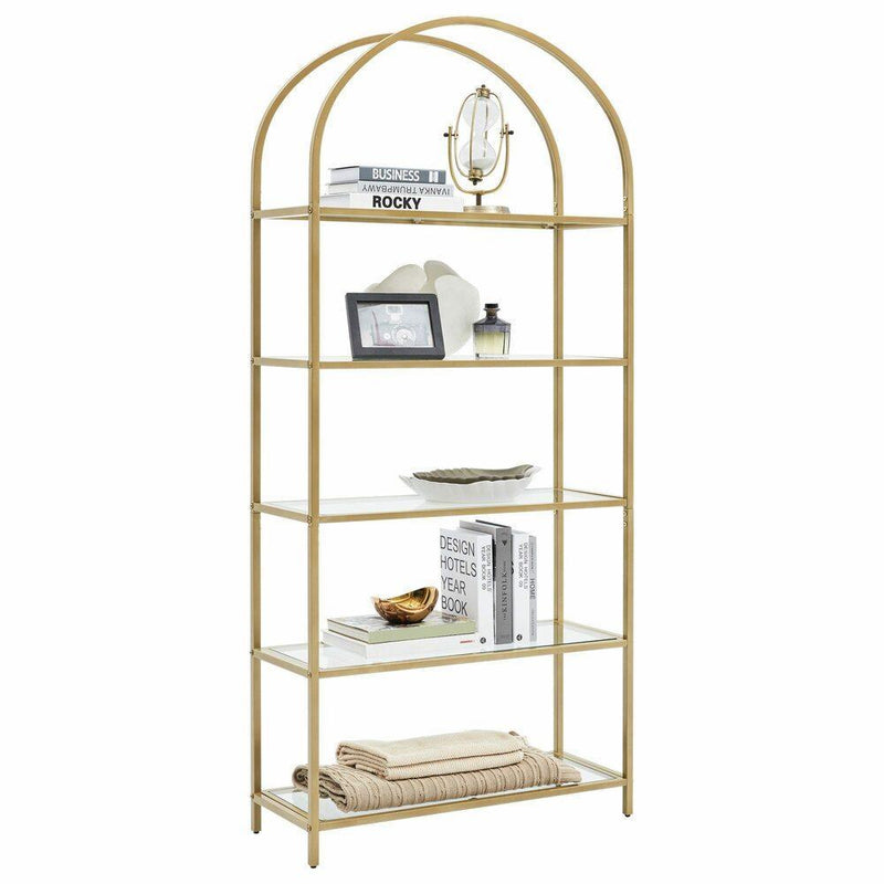 VASAGLE Corner Shelf, 5 Tier Corner Bookshelf,Tempered Glass Shelves, Gold