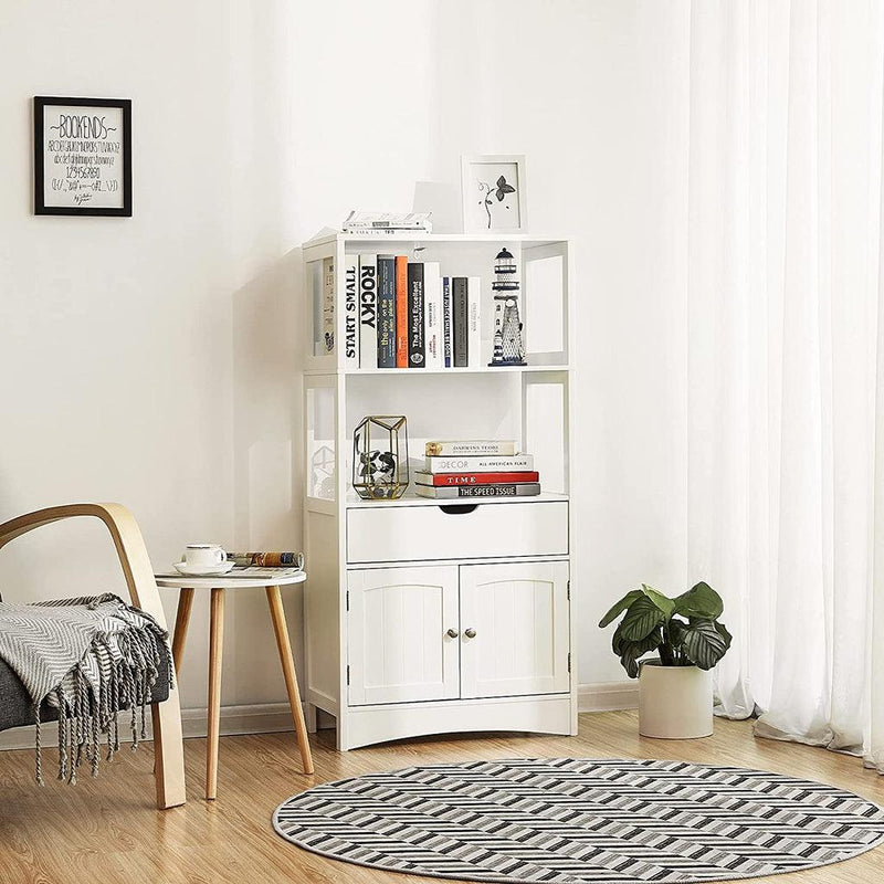 VASAGLE Floor Cabinet with Drawer 2 Open Shelves and Double Doors White BBC64WT - John Cootes