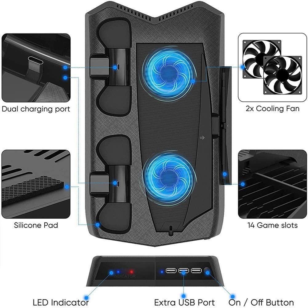 Vertical Stand Cooling/Charging Station for PS5 with Dual Controller Charger and Bonus Game Rack Storage 3 USB Ports - John Cootes