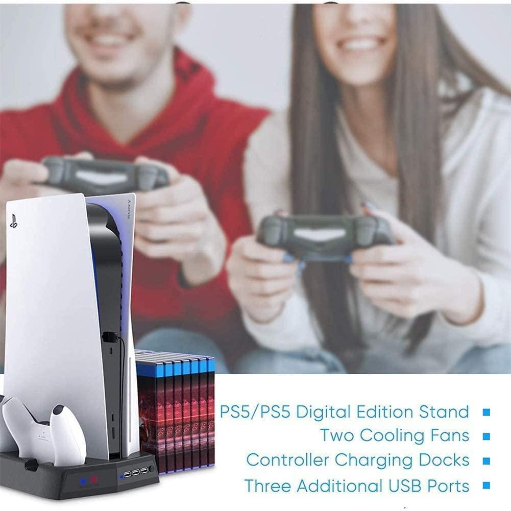 Vertical Stand Cooling/Charging Station for PS5 with Dual Controller Charger and Bonus Game Rack Storage 3 USB Ports - John Cootes