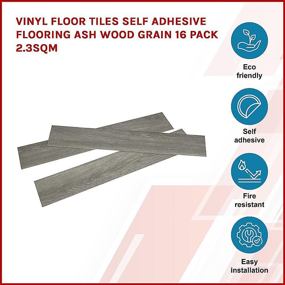 Vinyl Floor Tiles Self Adhesive Flooring Ash Wood Grain 16 Pack 2.3SQM - John Cootes