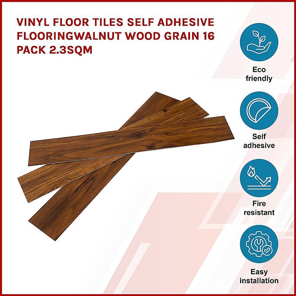 Vinyl Floor Tiles Self Adhesive Flooring Walnut Wood Grain 16 Pack 2.3SQM - John Cootes