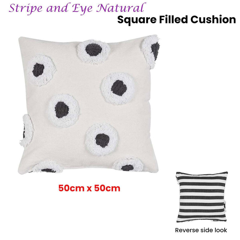VTWonen Stripe and Eye Natural Square Filled Cushion 50cm x 50cm - John Cootes