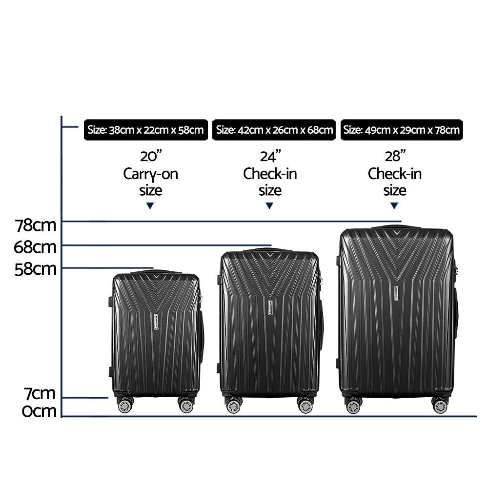 Wanderlite 3pc Luggage 20'' 24'' 28'' Trolley Suitcase Sets Travel TSA Hard Case Lightweight Black - John Cootes