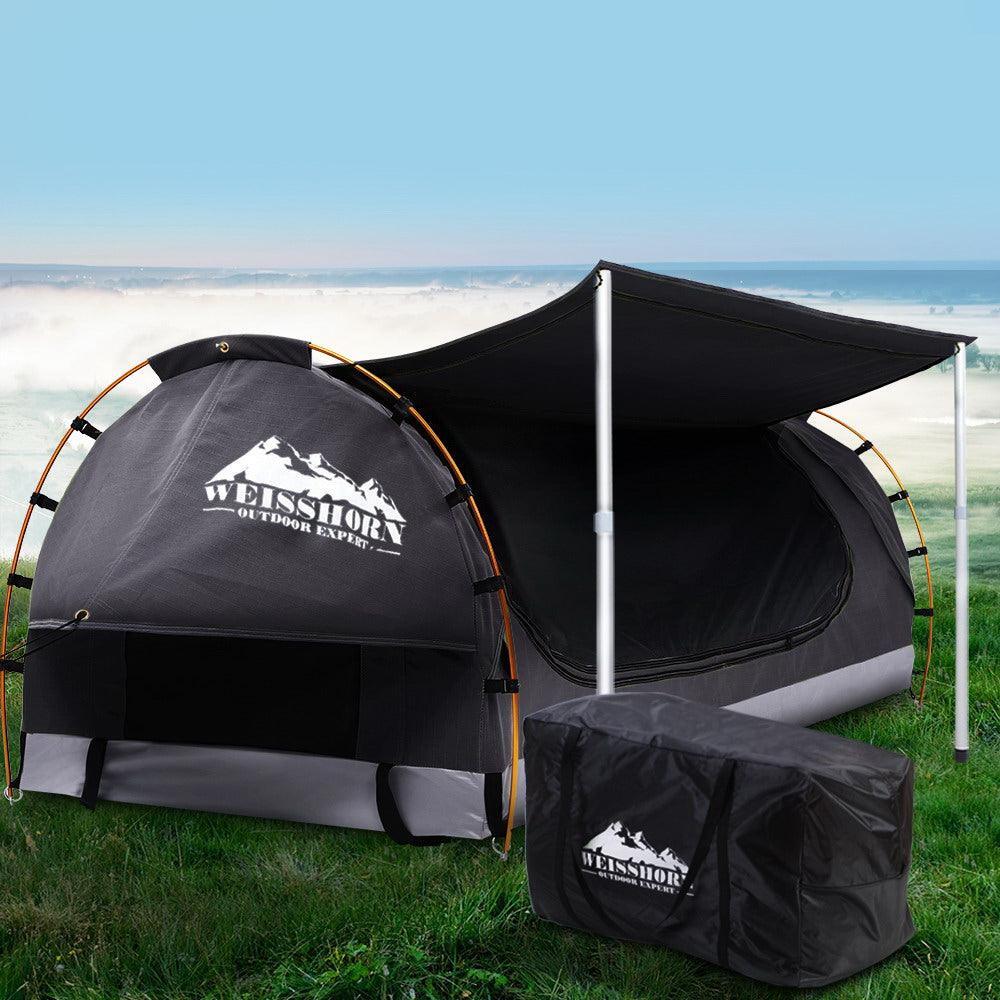 Weisshorn Double Swag Camping Swags Canvas Free Standing Dome Tent Dark Grey with 7CM Mattress - John Cootes