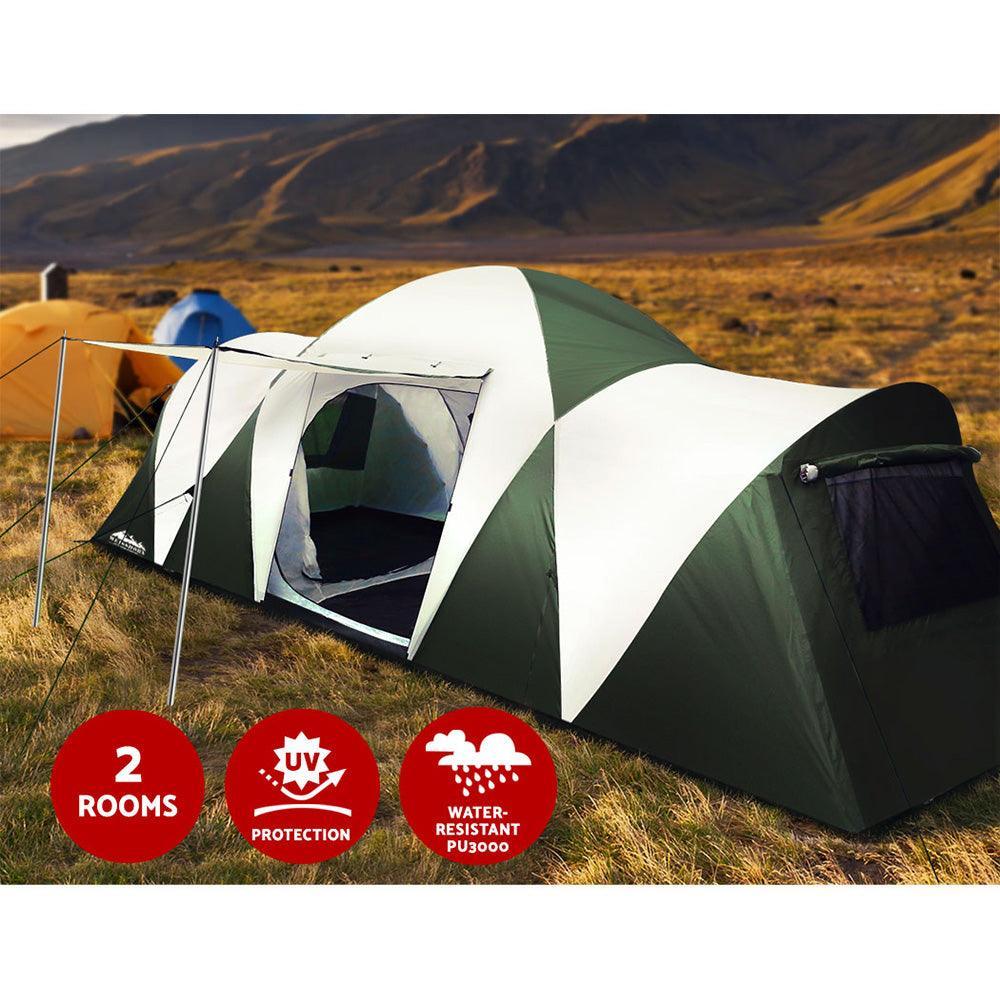 Weisshorn Family Camping Tent 12 Person Hiking Beach Tents (3 Rooms) Green - John Cootes