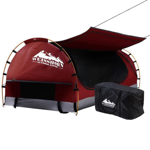 Weisshorn Swag King Single Camping Swags Canvas Free Standing Dome Tent Red with 7CM Mattress - John Cootes