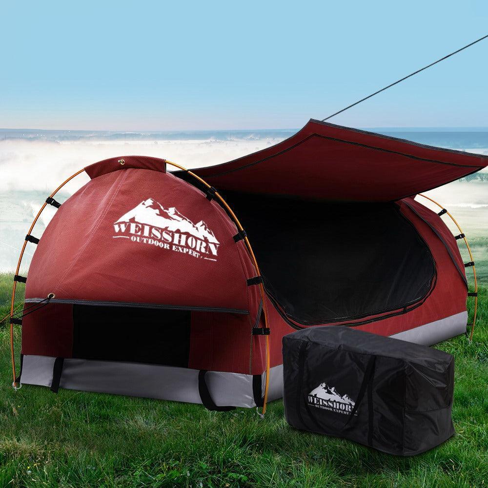 Weisshorn Swag King Single Camping Swags Canvas Free Standing Dome Tent Red with 7CM Mattress - John Cootes