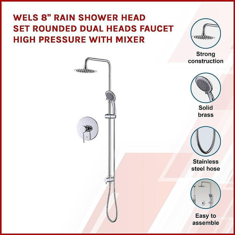 WELS 8" Rain Shower Head Set Rounded Dual Heads Faucet High Pressure With Mixer - John Cootes
