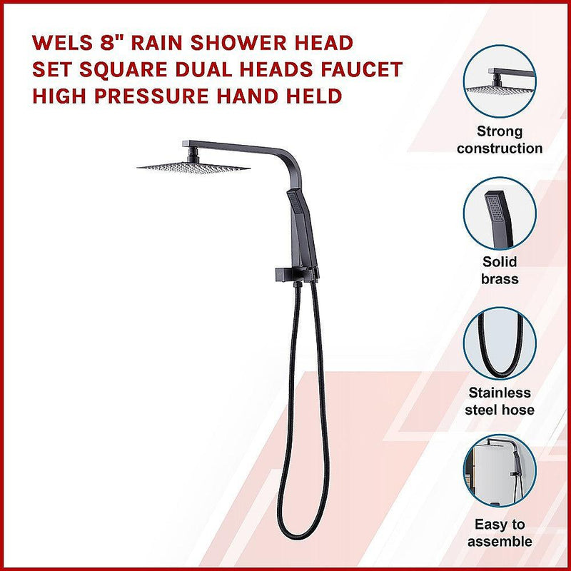 WELS 8" Rain Shower Head Set Square Dual Heads Faucet High Pressure Hand Held - John Cootes