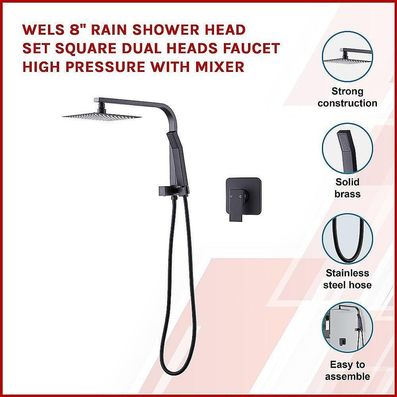 WELS 8" Rain Shower Head Set Square Dual Heads Faucet High Pressure With Mixer - John Cootes