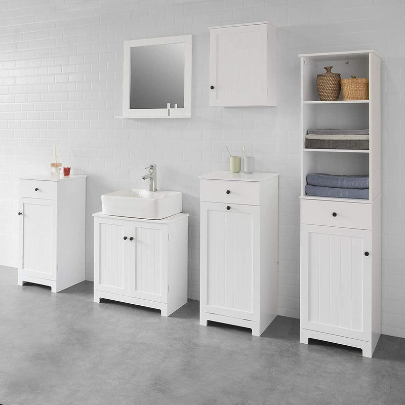 White Bathroom Cabinet with Laundry Basket and Drawer - John Cootes
