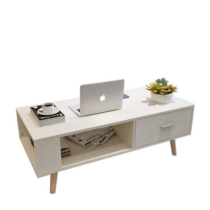 White Coffee Table Storage Drawer & Open Shelf With Wooden Legs - John Cootes