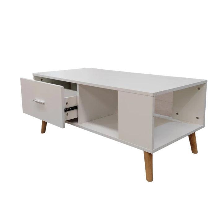 White Coffee Table Storage Drawer & Open Shelf With Wooden Legs - John Cootes