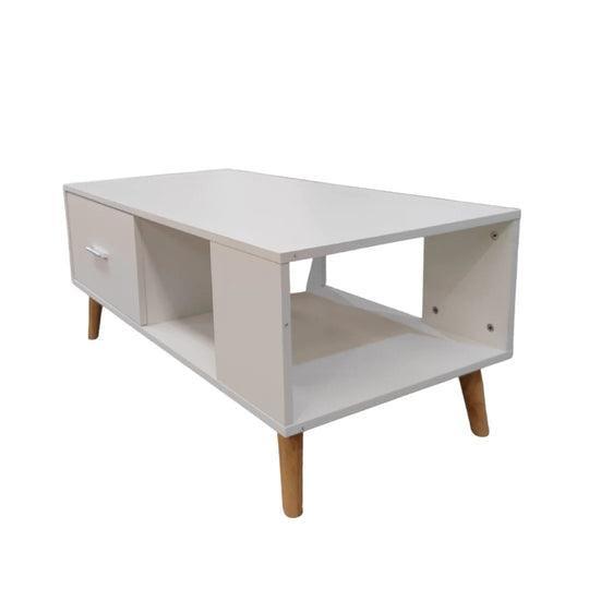 White Coffee Table Storage Drawer & Open Shelf With Wooden Legs - John Cootes