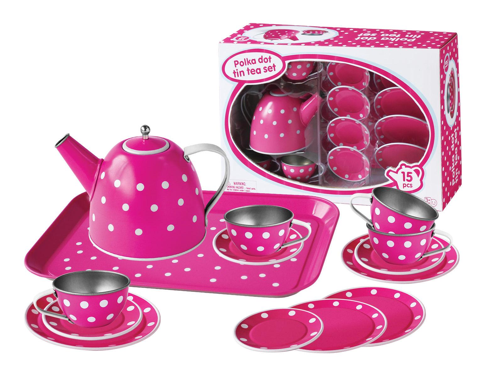 WHITE POLKA DOT ON PINK TIN TEA SET 15PCS - John Cootes