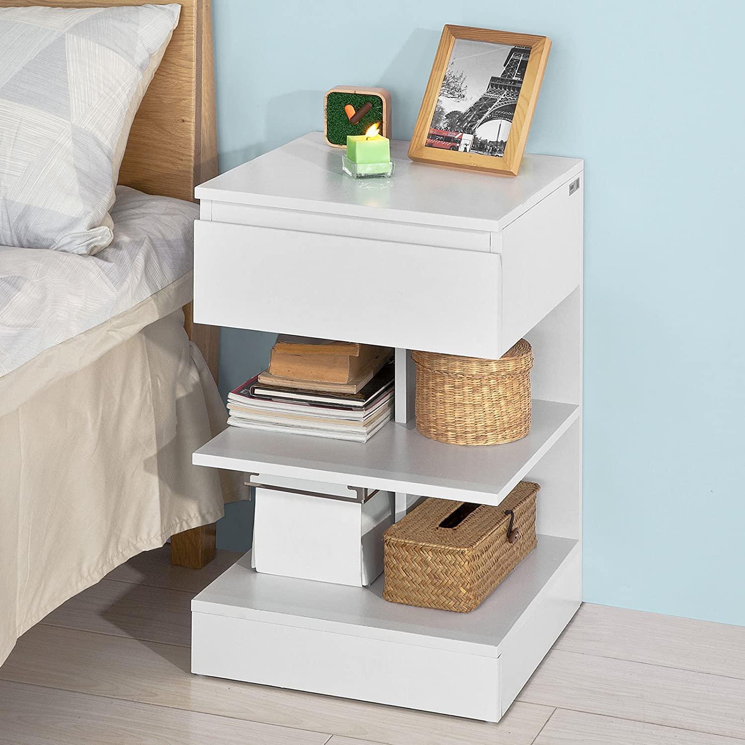 White Side Table Bedside Table with 1 Drawer and 3 Shelves - John Cootes