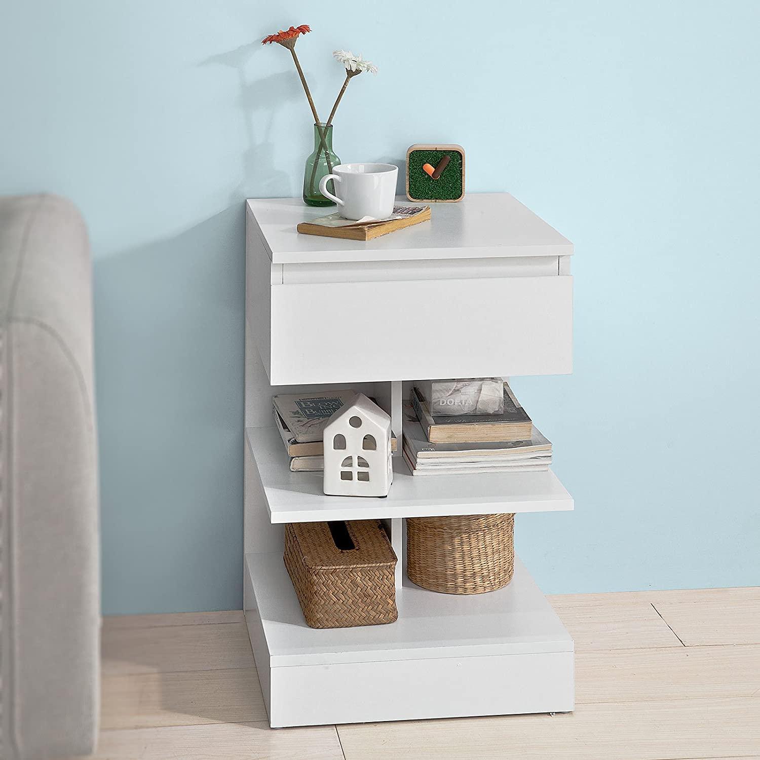 White Side Table Bedside Table with 1 Drawer and 3 Shelves - John Cootes