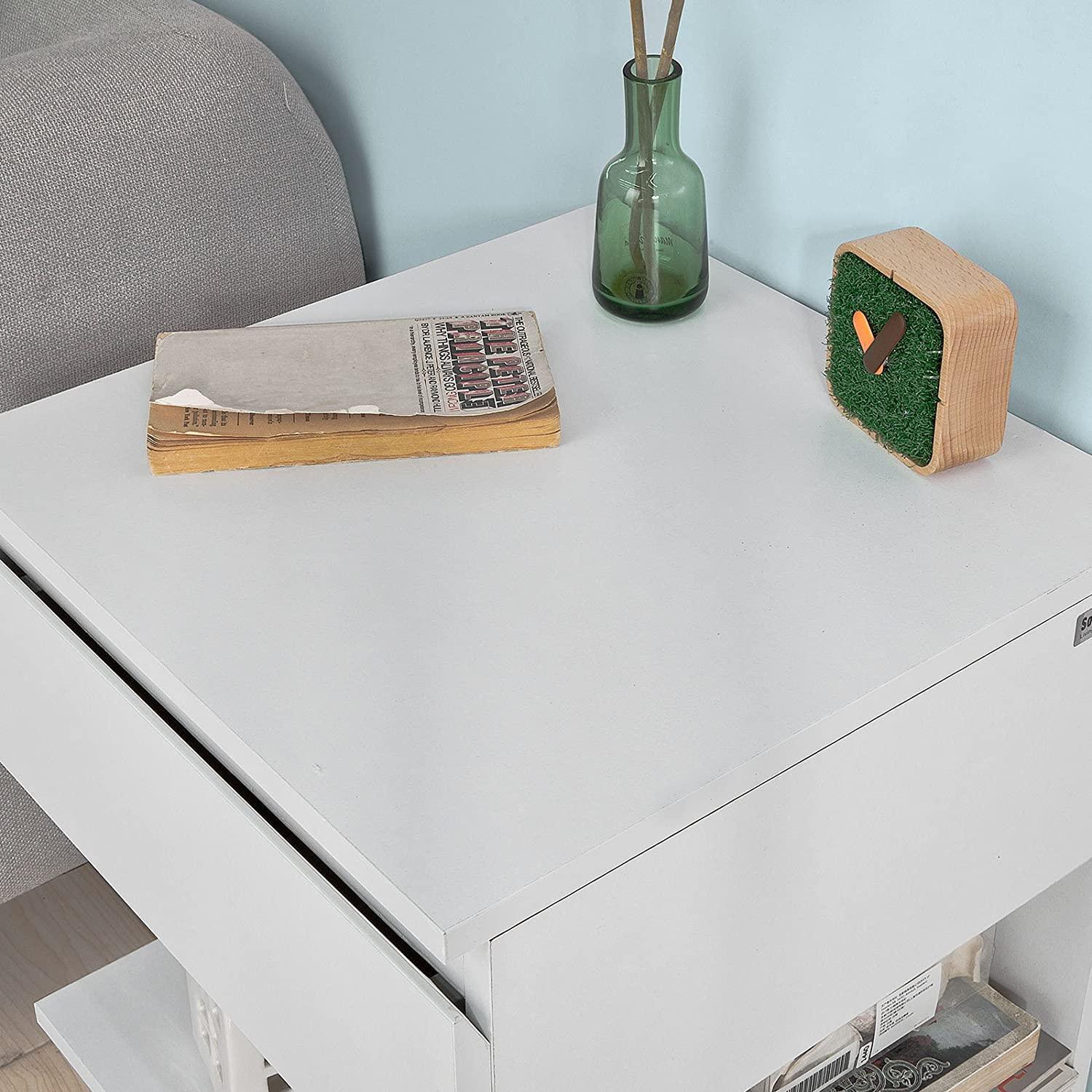 White Side Table Bedside Table with 1 Drawer and 3 Shelves - John Cootes