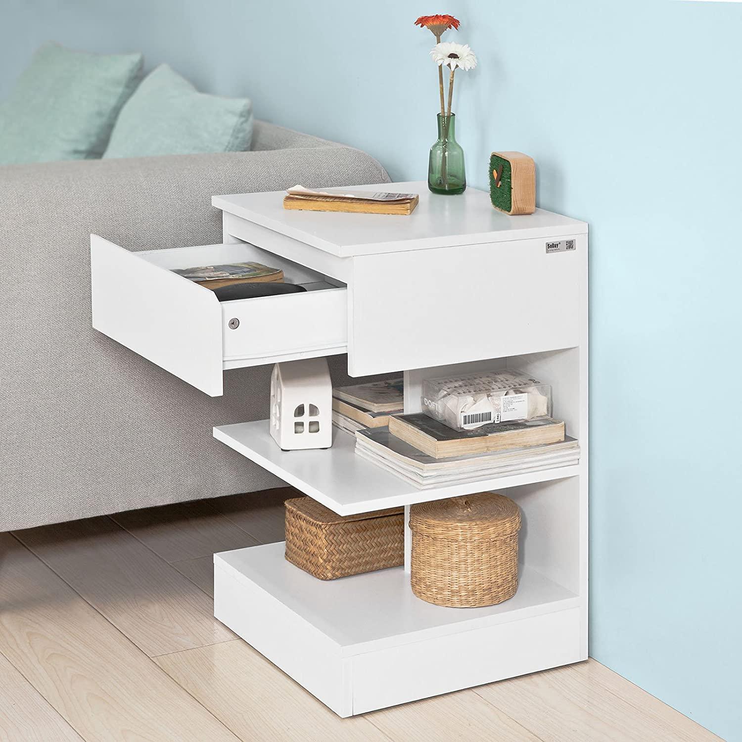 White Side Table Bedside Table with 1 Drawer and 3 Shelves - John Cootes