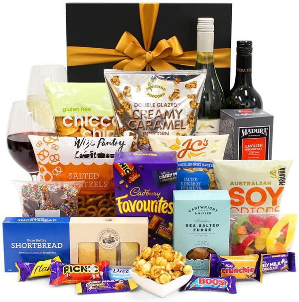 Wine Party Box Gift Hamper - Golden Ranges Shiraz & Sauvignon Blanc 750ml, Nuts, Fudge & Chocolate - Gift Hamper for Birthdays, Graduations, Christmas, Easter, Holidays, Anniversaries, Weddings - John Cootes