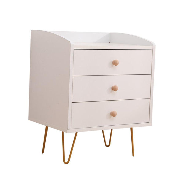 Winston 3 &#8211; Drawer Nightstand Bedside Table with Gold Steel Legs Tray Top White - John Cootes