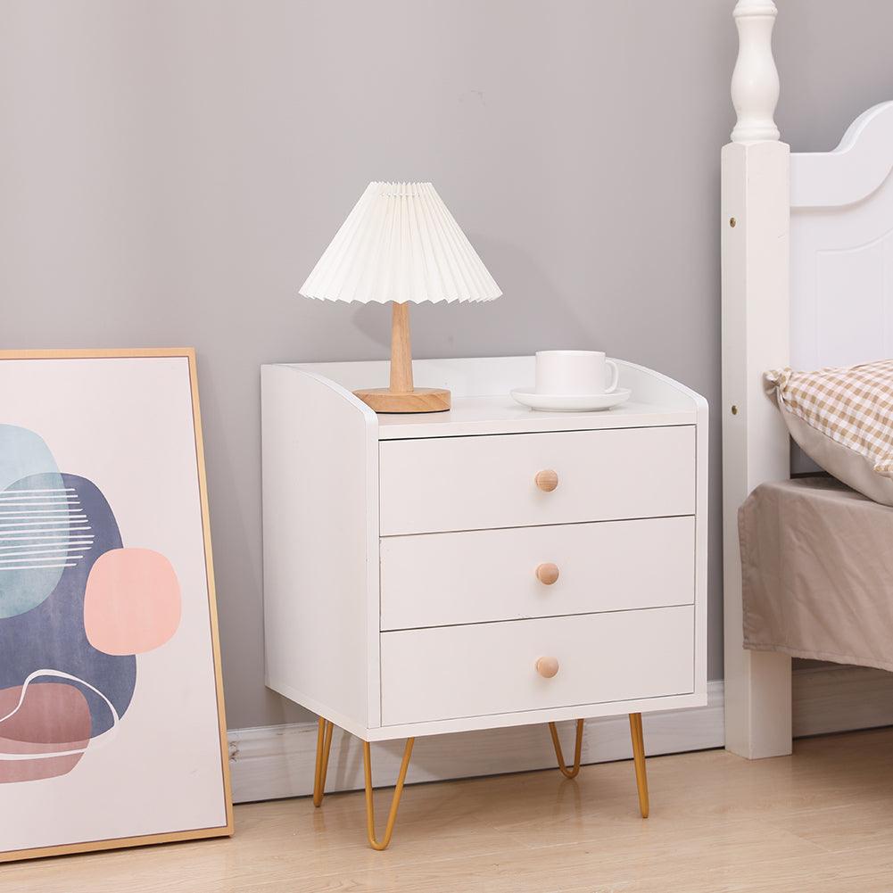 Winston 3 – Drawer Nightstand Bedside Table with Gold Steel Legs Tray Top White - John Cootes