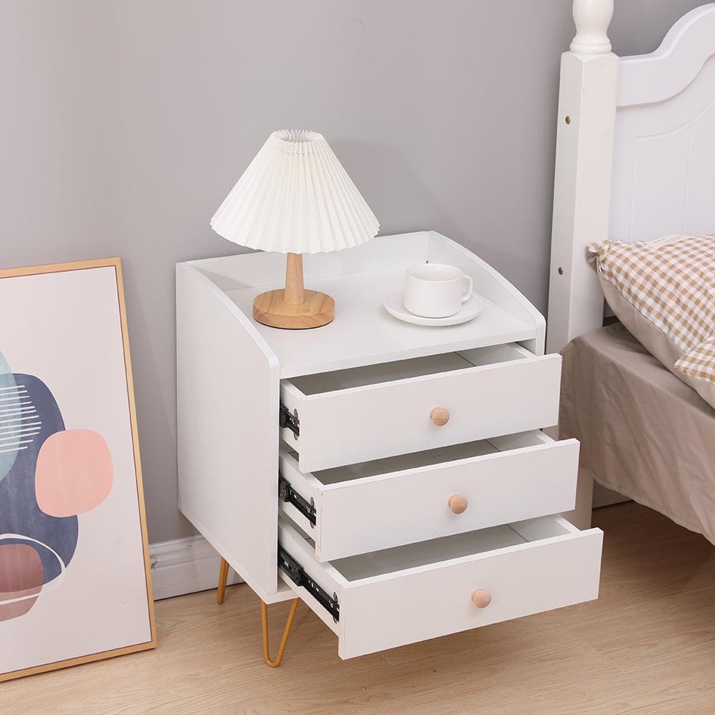 Winston 3 – Drawer Nightstand Bedside Table with Gold Steel Legs Tray Top White - John Cootes