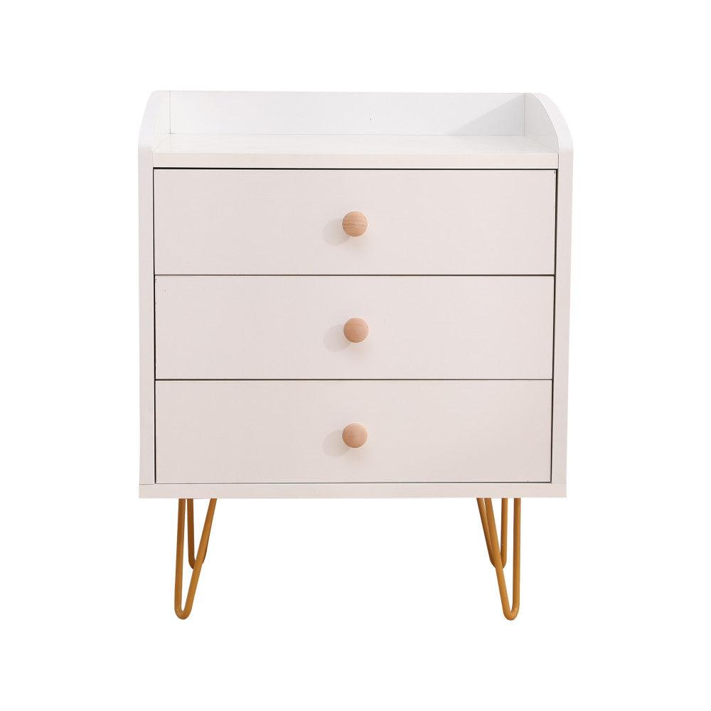 Winston 3 – Drawer Nightstand Bedside Table with Gold Steel Legs Tray Top White - John Cootes